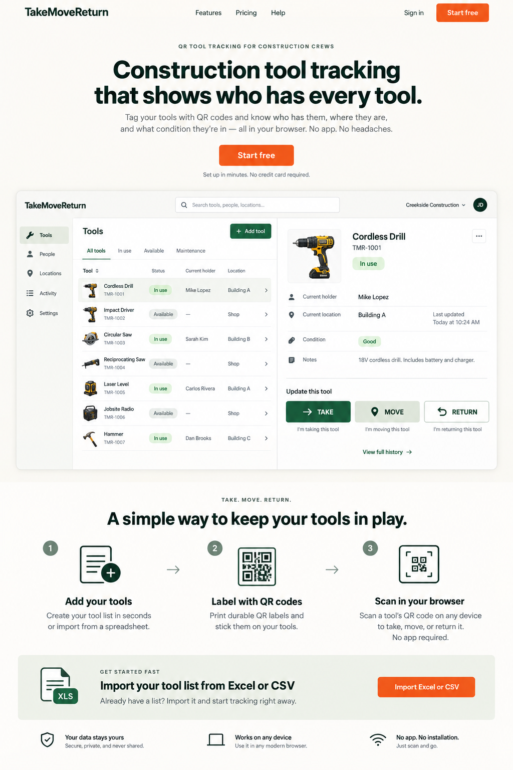 Product preview showing a construction tool list and TAKE, MOVE, and RETURN actions